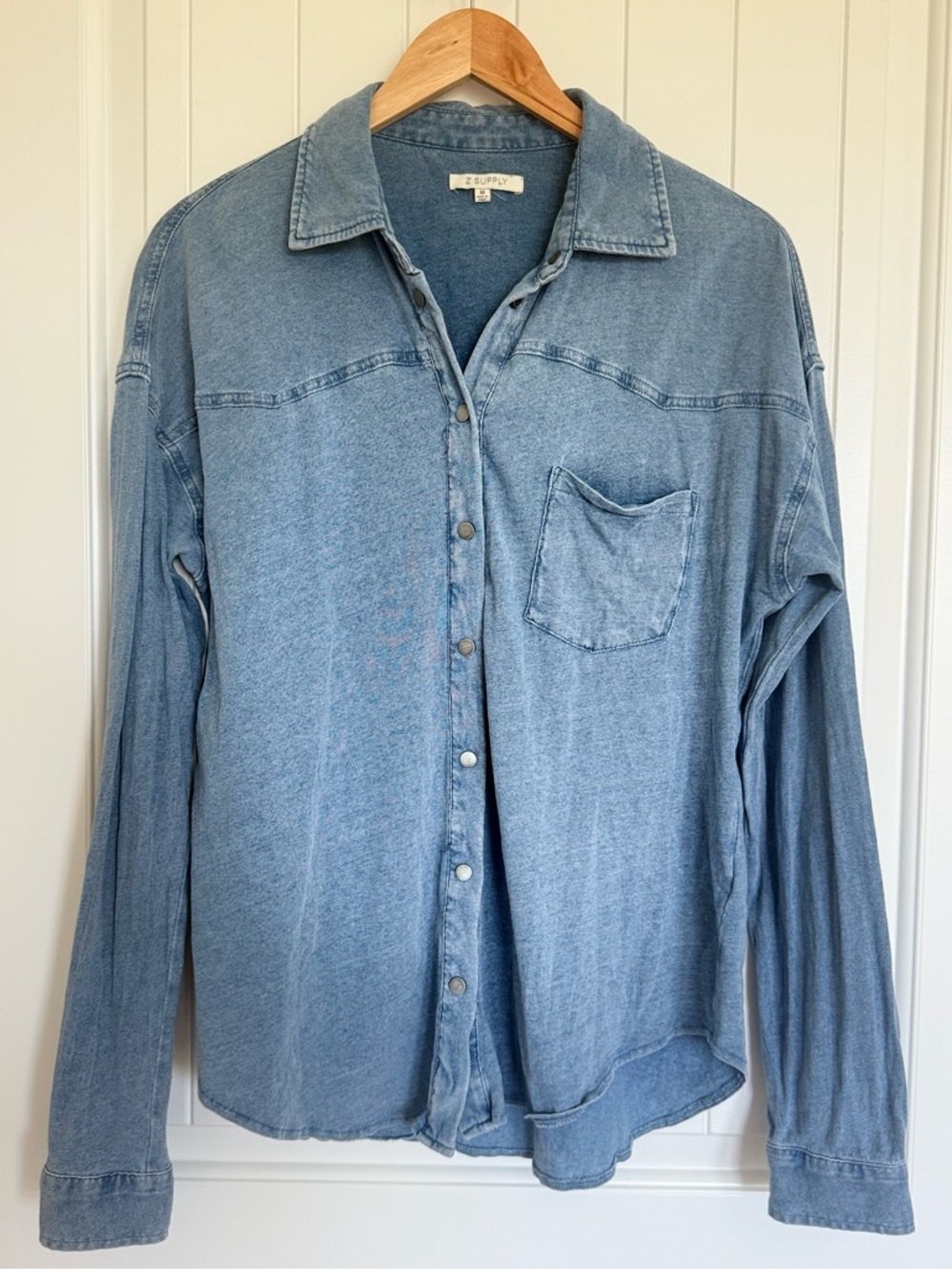 Z SUPPLY Soft Knit Denim Button Down Shirt Blue Long Sleeve Shacket Pocket M